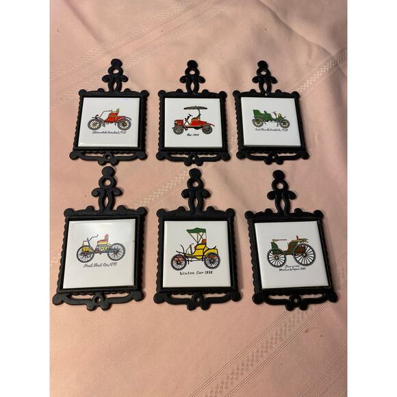 Set of 6 Cast Iron / Tile Mini Trivets with Antique Cars Ardco Japan EUC - Picture 4 of 16